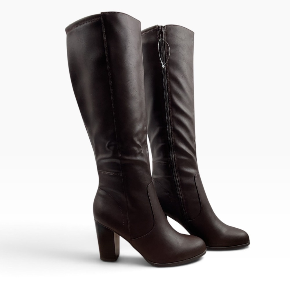 Style & Co Women Brown Faux Leather Tall Block Heel Boots Size 7.5